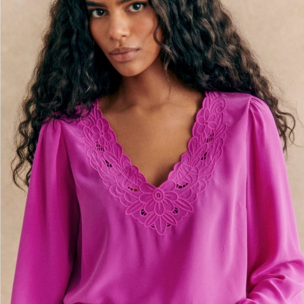 Sezane Silk Juliette Blouse in Fuchsia